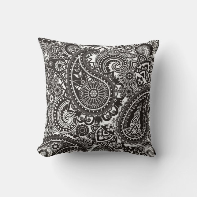 Schwarzes u. weißes Paisley-Muster Kissen (Vorderseite)