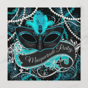 Schwarzes und Aquamarines blaues Masquerade-Party Einladung