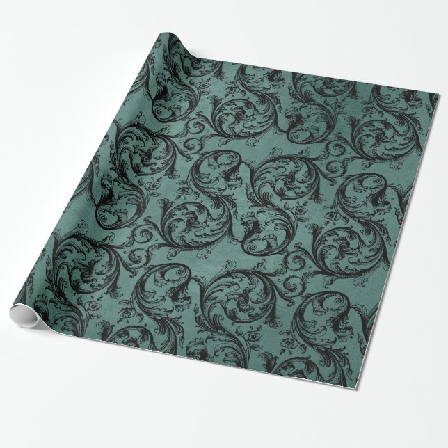 Schwarzes und Aquamarines Vintages Ziermuster Geschenkpapier (Ungerollt)