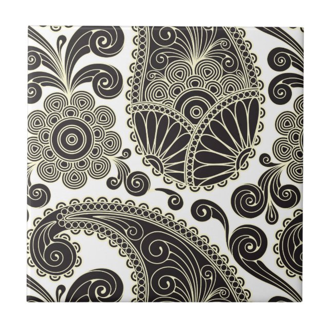 Schwarzes und beige Paisley Fliese (Vorderseite)