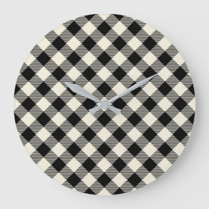 Schwarzes und beiges diagonales Gingham-Karo-Muste Große Wanduhr