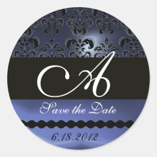 SCHWARZES UND BLAUES TOPAZ-DAMASK-MONOGRAMM, RUNDER AUFKLEBER