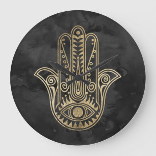 Schwarzes und GoldAquarell hamsa Hand von Fatima Große Wanduhr