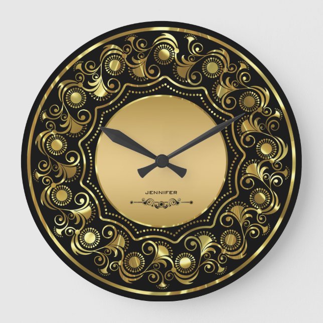 Schwarzes und GoldBlumenmuster Große Wanduhr (Vorderseite)