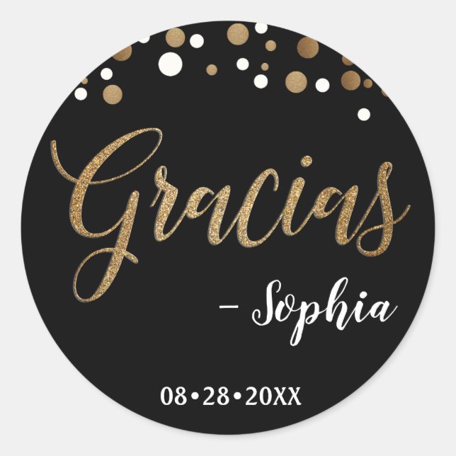 Schwarzes und GoldConfetti Gracias danken Ihnen Runder Aufkleber (Vorderseite)
