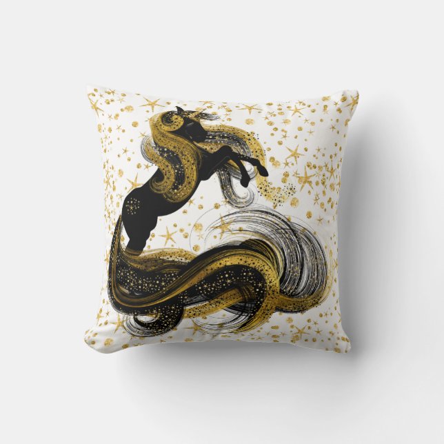 Schwarzes und GoldEinhorn mit Goldsternen Kissen (Vorderseite)