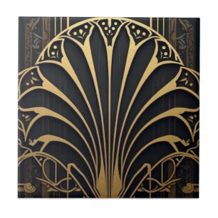 schwarzes und goldenes Art Deco Fächer-Muster Fliese