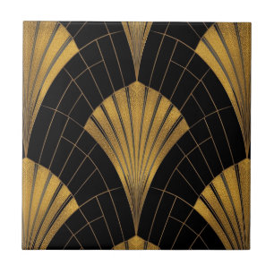 schwarzes und goldenes Art Deco Fächer-Muster Fliese