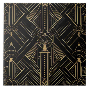 Schwarzes und goldenes Art Deco-Feine-Linien-Ornam Fliese