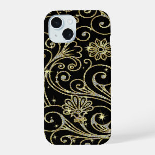 Schwarzes und goldenes Blumen-Glitter & Funkeln iPhone 15 Hülle