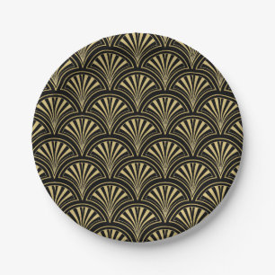 Schwarzes und goldenes Deco-Fächer-Muster Pappteller