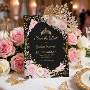 Schwarzes und goldenes Erröten Rosa Quinceañera Sc Save The Date