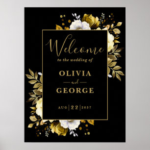 Schwarzes und goldenes florales Hochzeits-Willkomm Poster