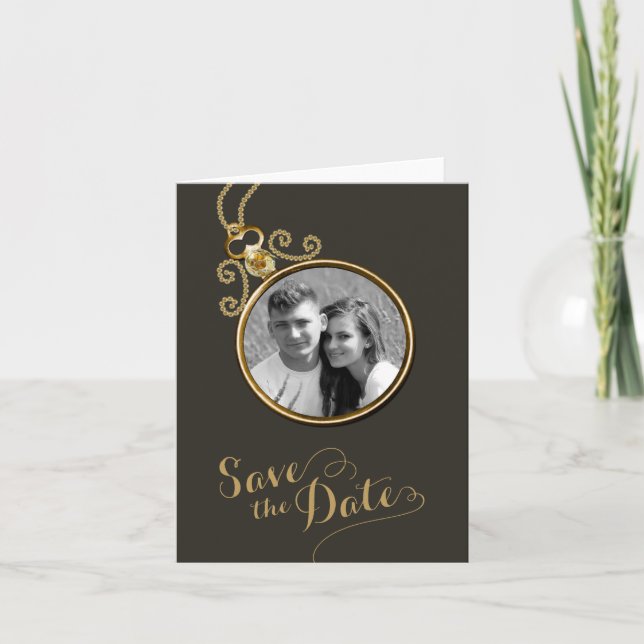 Schwarzes und goldenes Foto Save the Date Karte (Vorderseite)