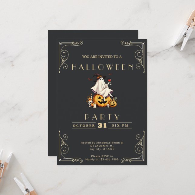 Schwarzes und goldenes Ghost Weinfelder Halloween Einladung (Vorderseite/Rückseite Beispiel)