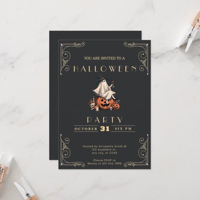 Schwarzes und goldenes Ghost Weinfelder Halloween Einladung (Vorderseite/Rückseite Beispiel)
