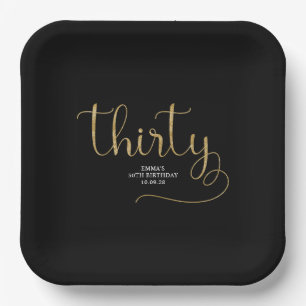 Schwarzes und goldenes Glitter-Dreißig-Typografie- Pappteller