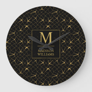 Schwarzes und goldenes Glitter-Luxus-Geometrie-Mus Große Wanduhr