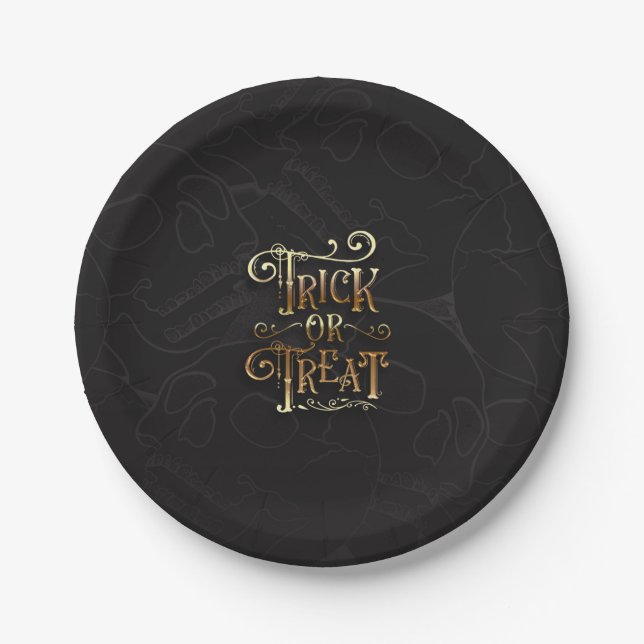 Schwarzes und goldenes Halloween-Party für Schwarz Pappteller (Vorderseite)