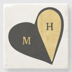 Schwarzes und goldenes Herz romantisches Monogramm Steinuntersetzer