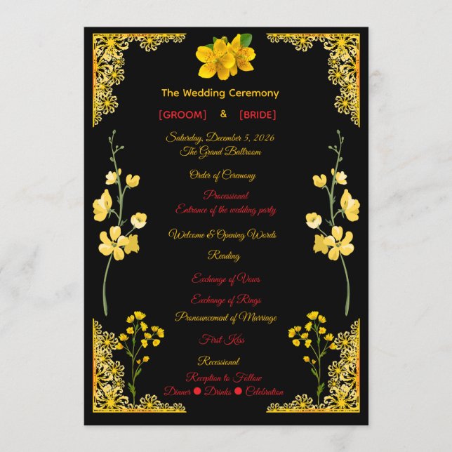 Schwarzes und goldenes Hochzeitsprogramm Programm (Vorderseite)