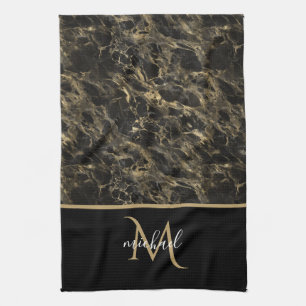 Schwarzes und goldenes Marmor-Monogramm Eleganter Geschirrtuch