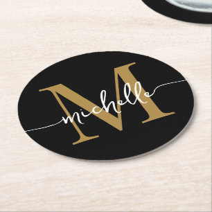 Schwarzes und goldenes Monogramm Name Elegante Sch Runder Pappuntersetzer
