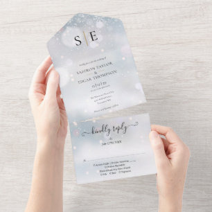 Schwarzes und goldenes Monogramm Winterhochzeit All In One Einladung