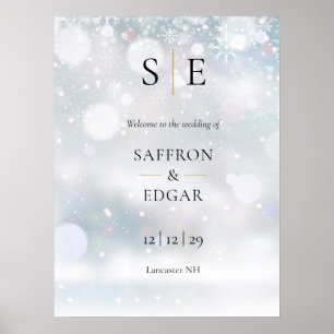 Schwarzes und goldenes Monogramm Winterhochzeit Wi Poster