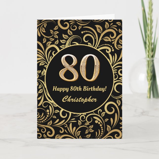 Schwarzes und goldenes Muster am 80. Geburtstag Karte (Vorderseite)