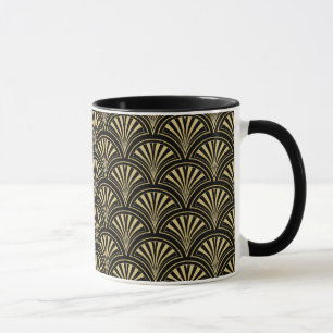 Schwarzes und goldenes Posh Deco-Fächer-Muster Tasse