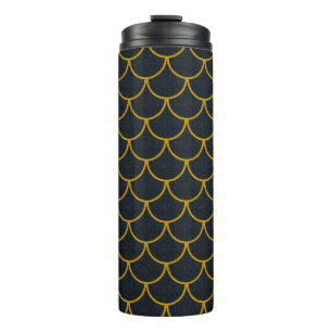 Schwarzes und goldenes Schuppenmuster mit Muschelr Thermosbecher