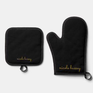 Schwarzes und goldenes Skript    Stylisches modern Ofenhandschuh & Topflappen-Set