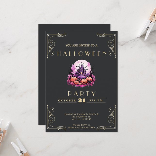 Schwarzes und goldenes Spuk Schloss Halloween Einladung (Vorderseite/Rückseite Beispiel)
