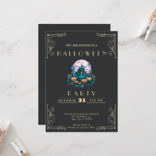 Schwarzes und goldenes Spuk Schloss Halloween Einladung