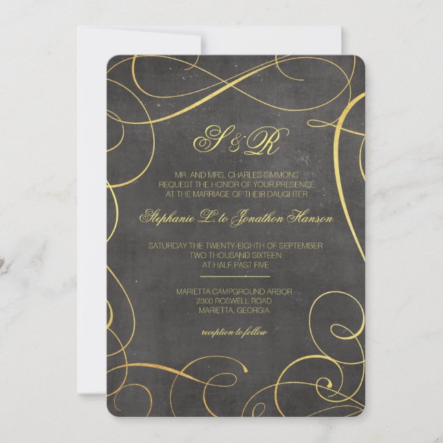 Schwarzes und Goldfolien-Kalligraphie-Monogramm Einladung (Vorderseite)