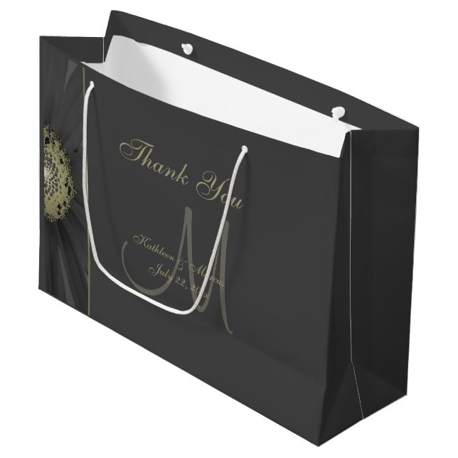 Schwarzes und Goldgänseblümchen-Monogramm danken Große Geschenktüte (Vorderseite Schrägansicht)