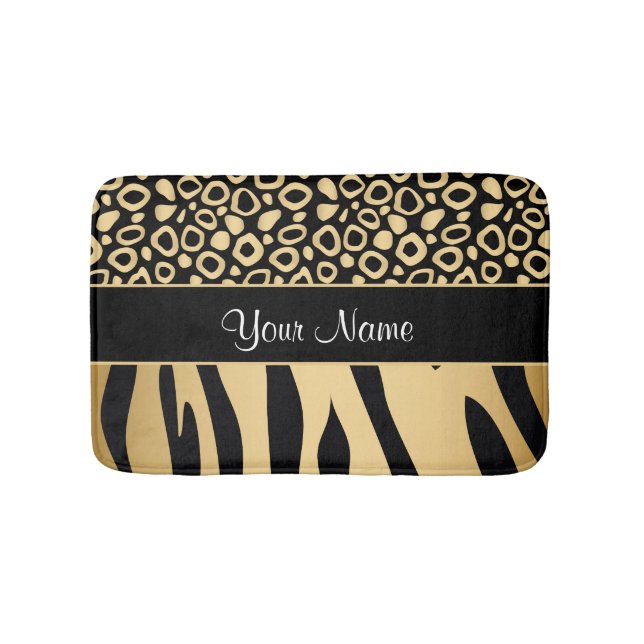 Schwarzes und Goldleopard-und -Zebra-Muster Badematte (Vorderseite)