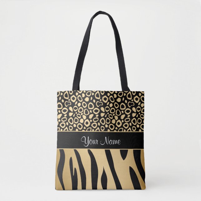 Schwarzes und Goldleopard-und -Zebra-Muster Tasche (Vorderseite)