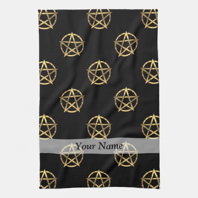 Schwarzes und Goldpentagram Geschirrtuch (Vertikal)