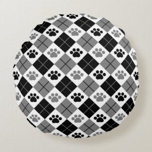 Schwarzes und graues Rauten-Tatzen-Druck-Muster Rundes Kissen