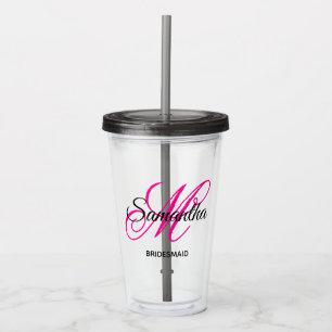 Schwarzes und heißrosa fancy Monogramm Brautjungfe Acryltrinkbecher
