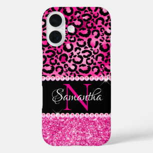 Schwarzes und heißrosa Leoparden-Spot-Glam-Monogra iPhone 16 Hülle