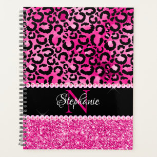 Schwarzes und heißrosa Leoparden-Spot-Glam-Monogra Planer
