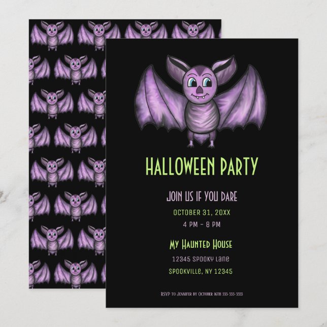 Schwarzes und Lila Bat-Halloween-Party Einladung (Vorne/Hinten)