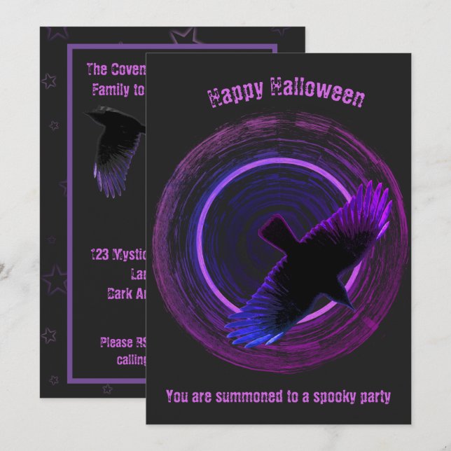 Schwarzes und Lila Crow Halloween Einladung (Vorne/Hinten)