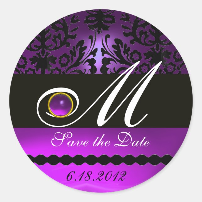 SCHWARZES UND LILA DAMASK-MONOGRAMM, Amethyst Runder Aufkleber (Vorderseite)