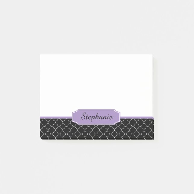 Schwarzes und lila Quatrefoil Monogramm Post-it Klebezettel (Vorderseite)