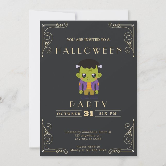 Schwarzes und Niedliches Monster Halloween im Halb Einladung (Vorderseite)