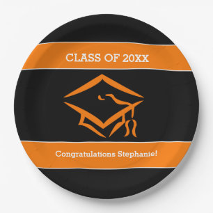 Schwarzes und orange Mortarboard-Abschluss-Party Pappteller